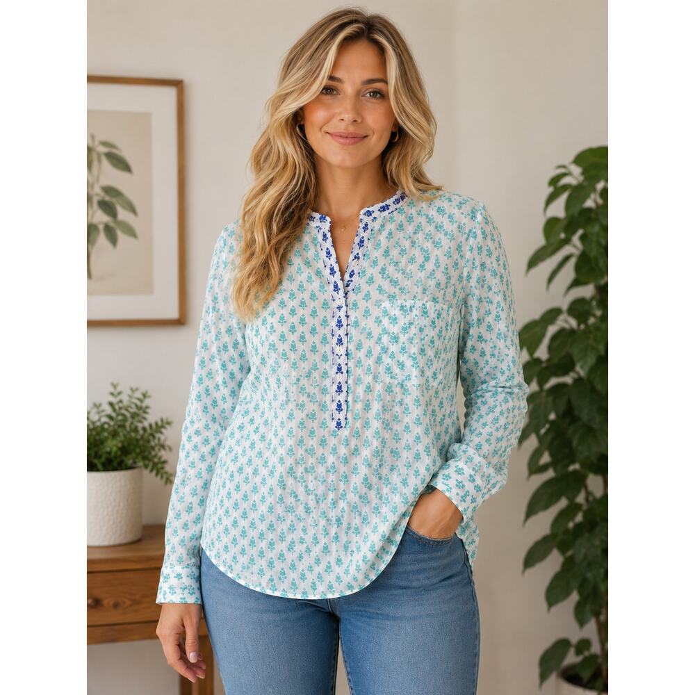 Crew turquoise thistle print popover cotton unic blouse Size 10